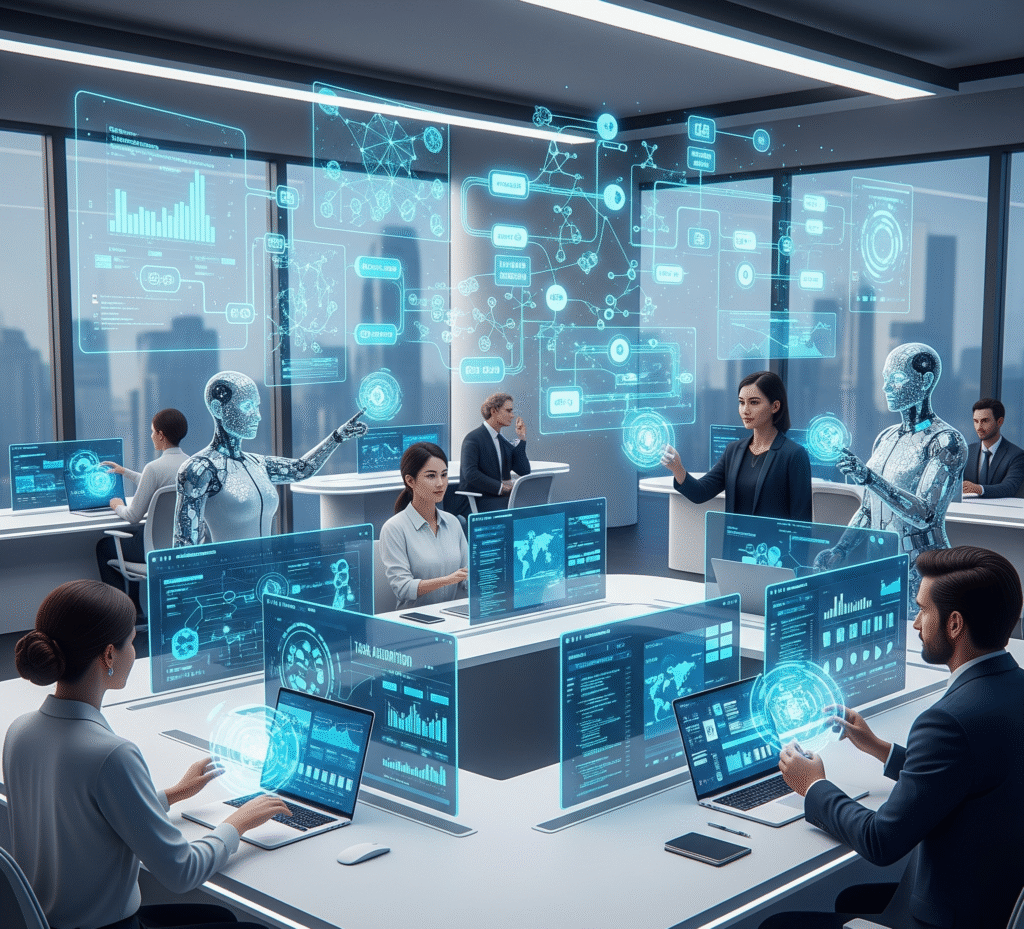 alt="The future of work - AI automation transforming businesses with humans and technology working together"