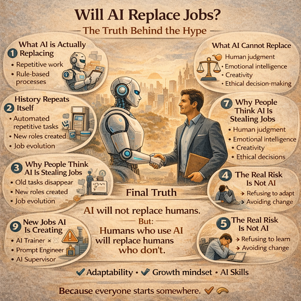 Human professional shaking hands with AI robot showing collaboration not replacement