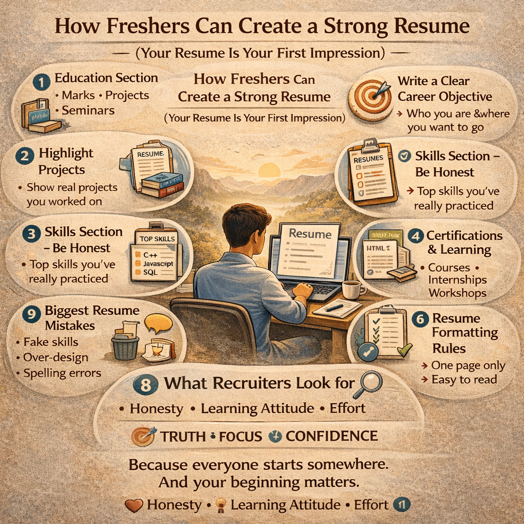 Fresher creating a professional resume on laptop with tips for strong resume building